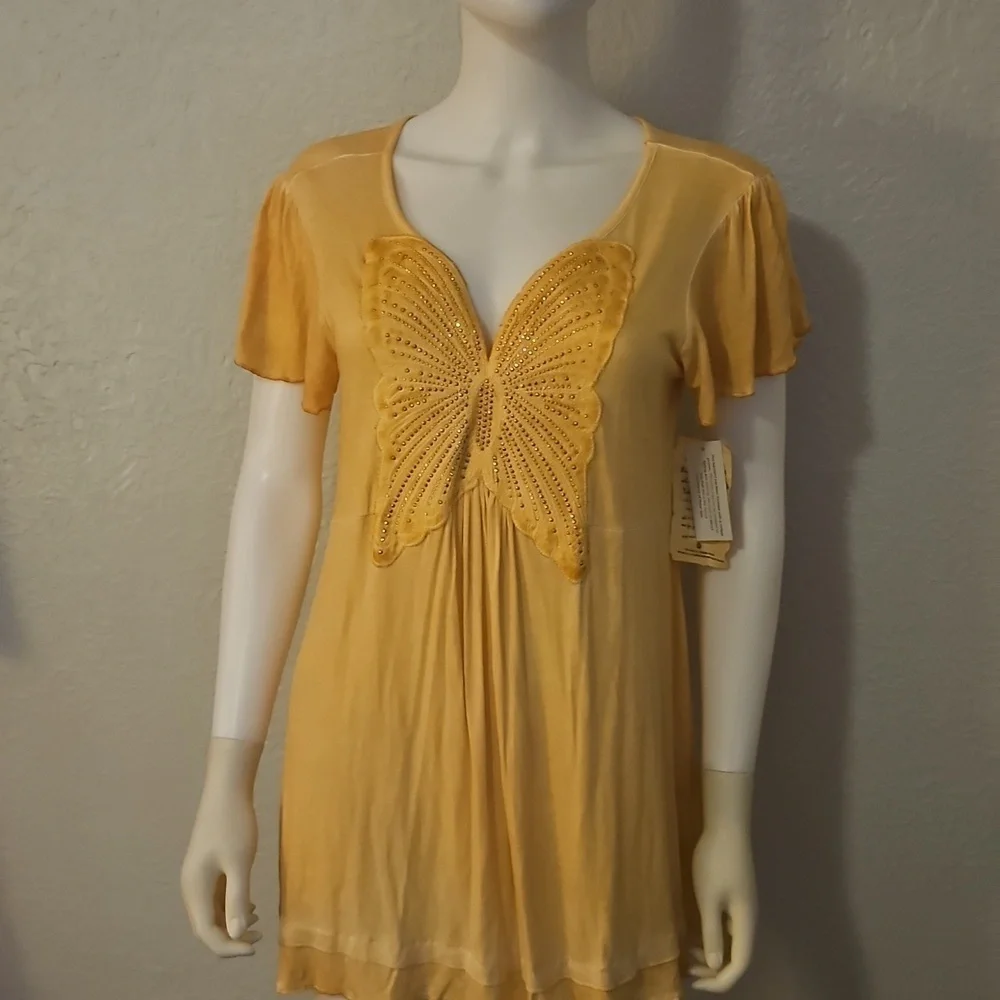 ONE WORLD Canary Yellow Embellished Butterfly Short Sleeve Fairy Tunic Top